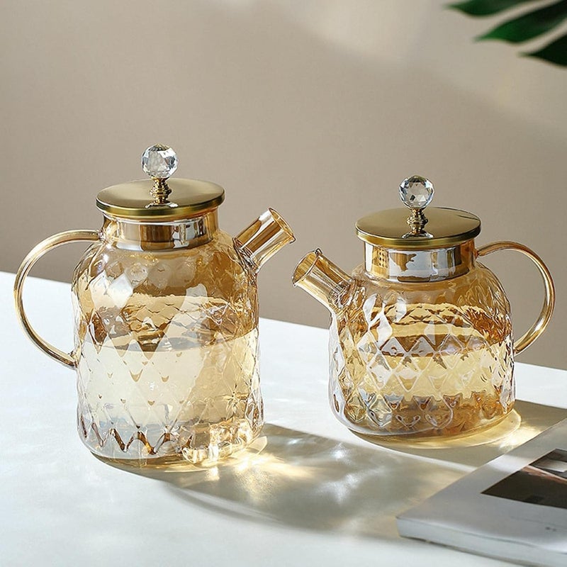 Hatanu Mall Golden Glass Tea Pot with Wooden Lid and Crystal Diamond Lid Handle Teapot Kettle for Serving Tea Coffee Warm Water Juice 1 Litre - Image 4