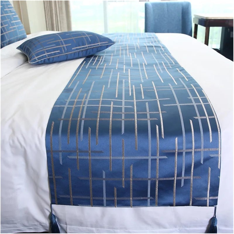 Geometric Blue Stripe Bed Runner Elegant Tassels Bed Flag Homestay Cover(30X50CM Pillow CASE_Stripe) - Image 1
