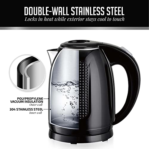 OVENTE 1.7L Double Wall Electric Tea Kettle, 1100W Water Boiler and Heater with Cool-Touch Exterior, Stainless Steel Insulated Interior, Auto Shut-Off, Boil-Dry Protection & Locking Lid, Black KD64B - Image 3