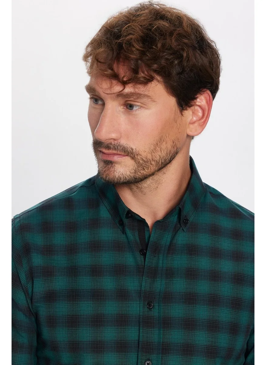 Tudors Slim Fit Checked Cotton Easy-Iron Green Men's Shirt