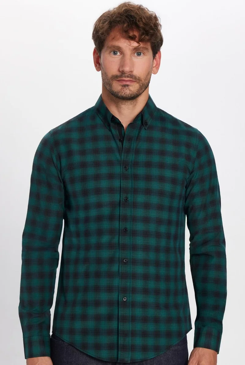 تودورس Slim Fit Checked Cotton Easy-Iron Green Men's Shirt