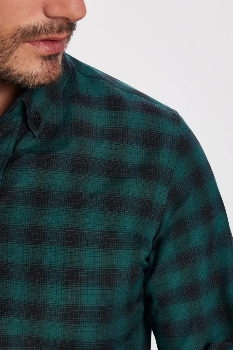 تودورس Slim Fit Checked Cotton Easy-Iron Green Men's Shirt