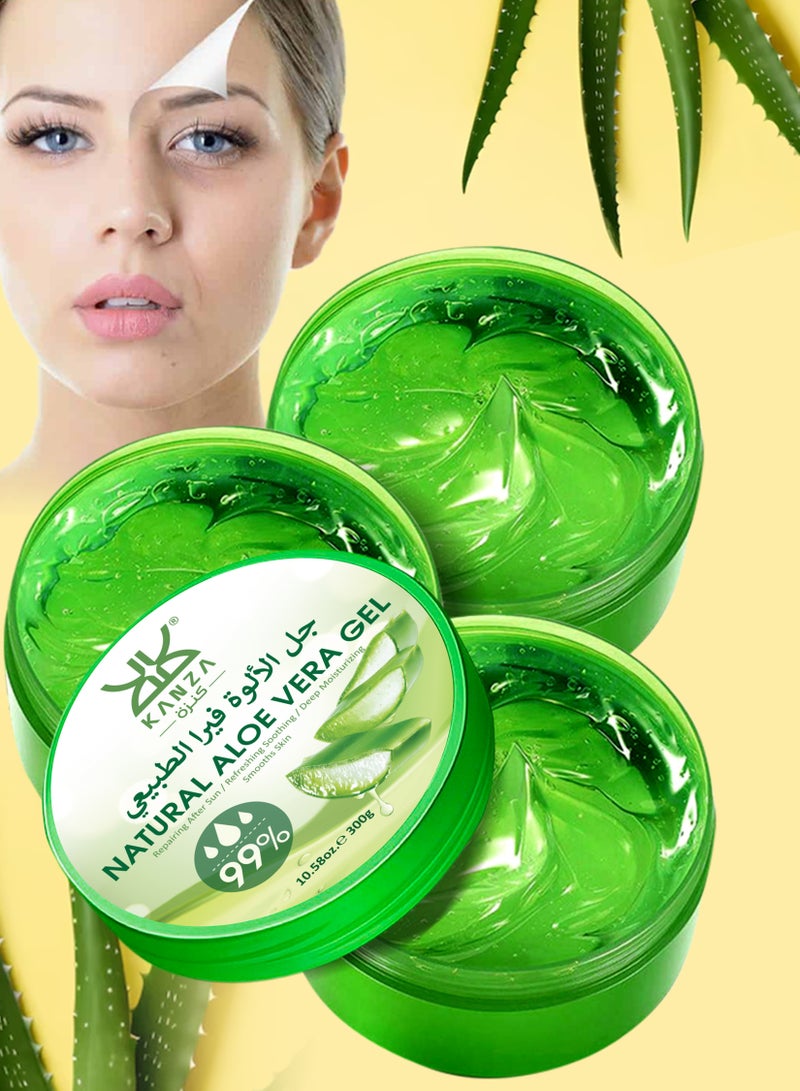 Kanza 3 قطع من جل الألوة فيرا الطبيعي (300 جرام × 3) لمرطب الوجه والجسم المنعش، جل مرطب للوجه، التحكم في الزيت، تنظيف عميق، ترطيب لون البشرة، تقليص المسام، مستخلصات جل الألوة فيرا الطبيعية النقية، كريم جل للوجه مدعوم. - Image 1