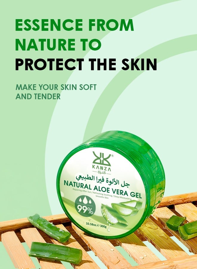 Kanza 3 قطع من جل الألوة فيرا الطبيعي (300 جرام × 3) لمرطب الوجه والجسم المنعش، جل مرطب للوجه، التحكم في الزيت، تنظيف عميق، ترطيب لون البشرة، تقليص المسام، مستخلصات جل الألوة فيرا الطبيعية النقية، كريم جل للوجه مدعوم. - Image 2
