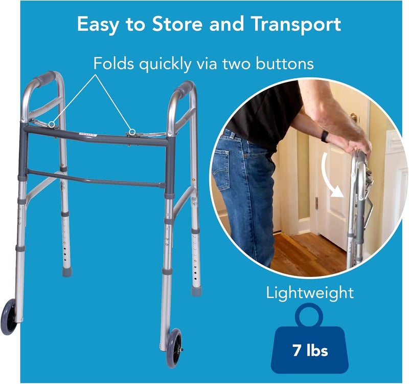 careX Folding Walker For Seniors - Adult Portable Medical Walker With Wheels And Adjustable Height, 30-37 Inches - Image 2