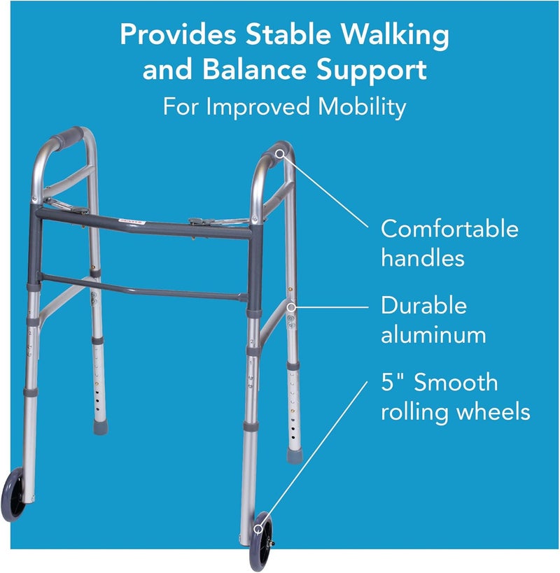 careX Folding Walker For Seniors - Adult Portable Medical Walker With Wheels And Adjustable Height, 30-37 Inches - Image 5