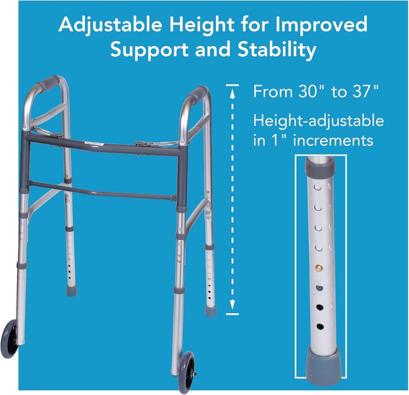 careX Folding Walker For Seniors - Adult Portable Medical Walker With Wheels And Adjustable Height, 30-37 Inches - Image 3