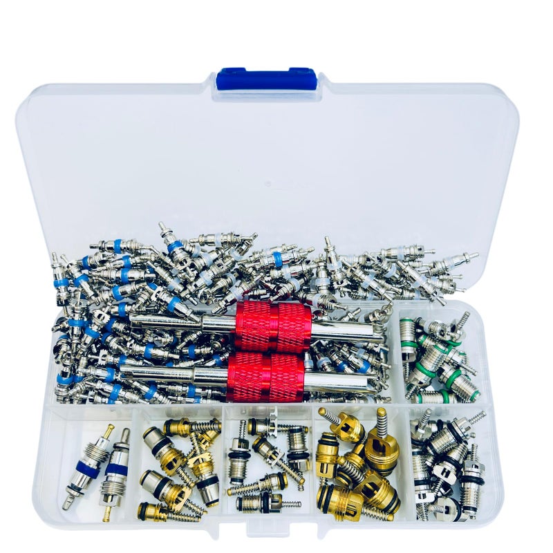 112 Pcs Air Conditioning Schrader Valve Cores for Car Home AC Accessories R12 R134a Refrigeration Tire Valve Stem Core with Double Head Dual Dismantling Remover Installer Tool Assortment Kit