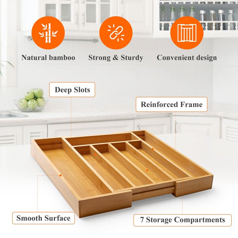 Ayiaren Expandable Large Utensil Drawer Organizer Cutlery Tray Bamboo Kitchen Silverware Organizer Cooking Utensil Tray Holder Adjustable Wooden Flatware Organizer for Drawer Spoon Fork Silverware Tray - Image 4