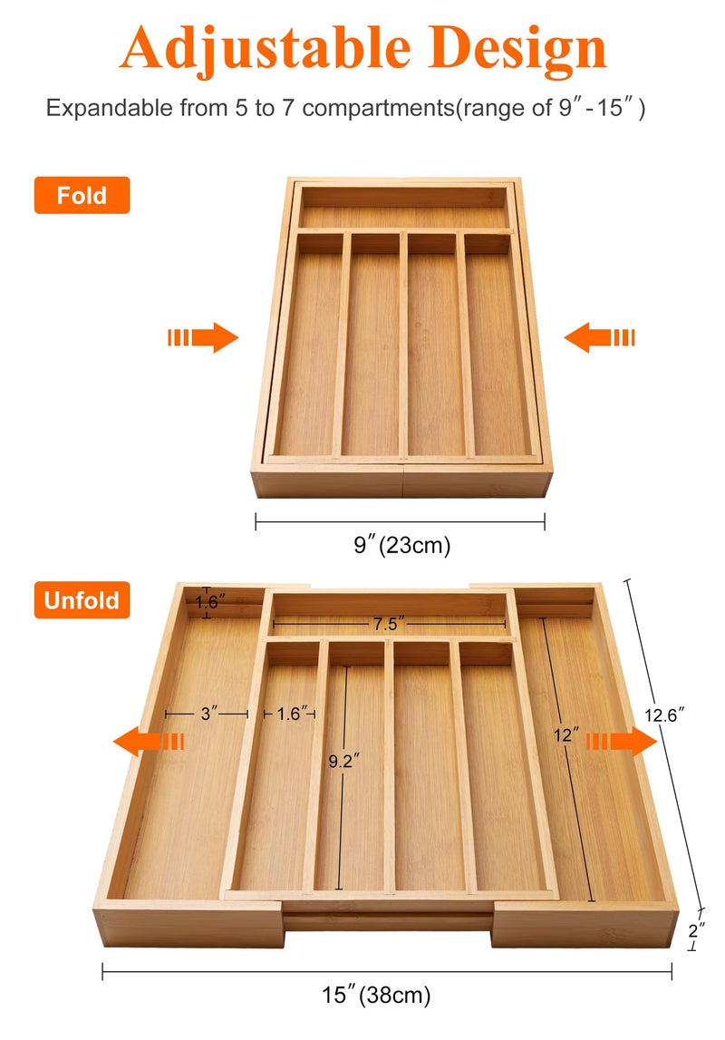 Ayiaren Expandable Large Utensil Drawer Organizer Cutlery Tray Bamboo Kitchen Silverware Organizer Cooking Utensil Tray Holder Adjustable Wooden Flatware Organizer for Drawer Spoon Fork Silverware Tray - Image 2