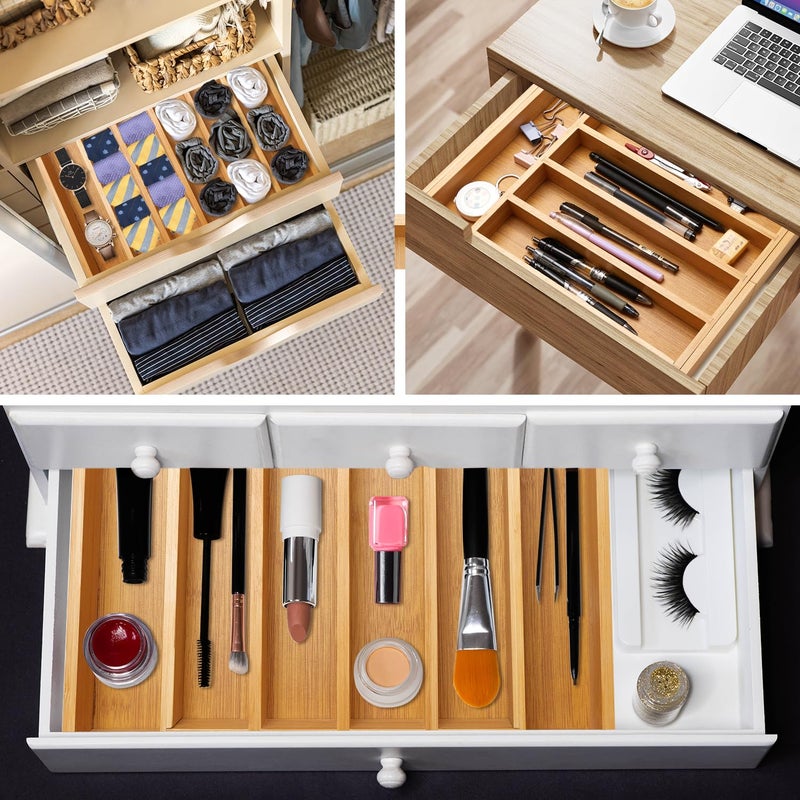 Ayiaren Expandable Large Utensil Drawer Organizer Cutlery Tray Bamboo Kitchen Silverware Organizer Cooking Utensil Tray Holder Adjustable Wooden Flatware Organizer for Drawer Spoon Fork Silverware Tray - Image 3