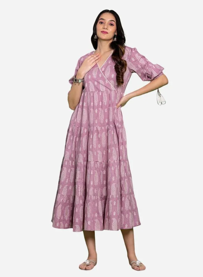 KASYA Purple Floral Printed Tiered Midi Dress