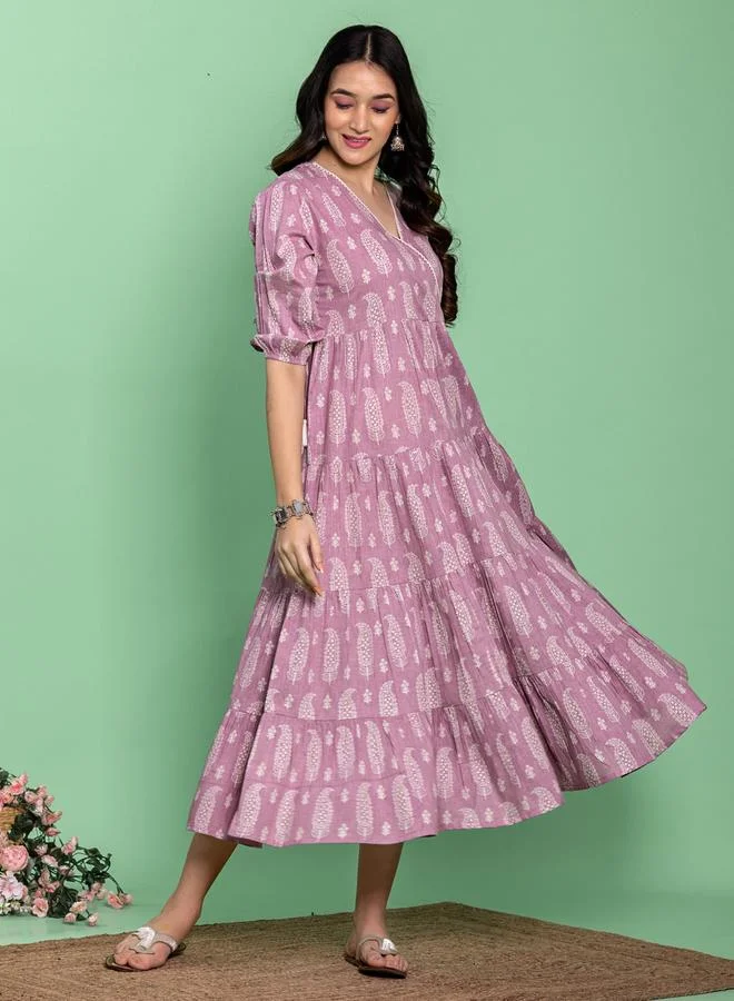KASYA Purple Floral Printed Tiered Midi Dress