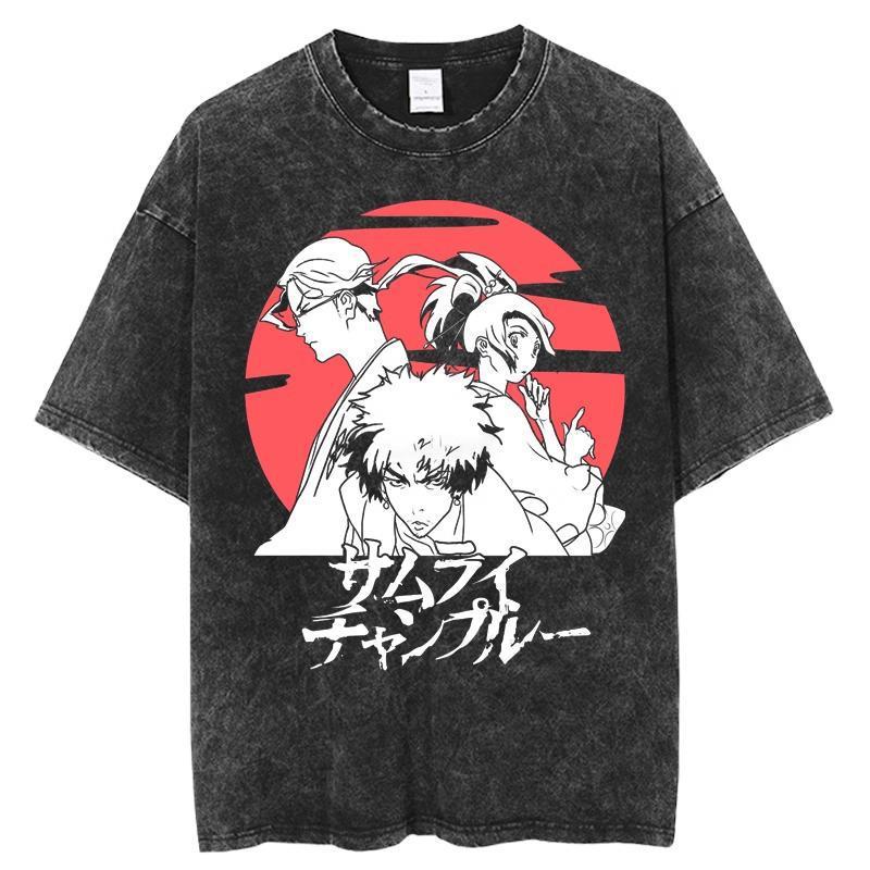 Japanese Anime Samurai Chaos Samurai Champloo Vintage Washed Old Short-Sleeved Cotton T-Shirt For Men And Women - Image 1