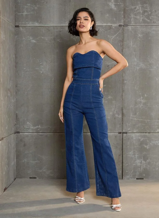 Navy Blue Denim Bandeau Neck Jumpsuit