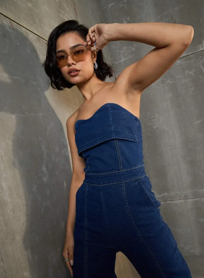 SASSAFRAS Navy Blue Denim Bandeau Neck Jumpsuit