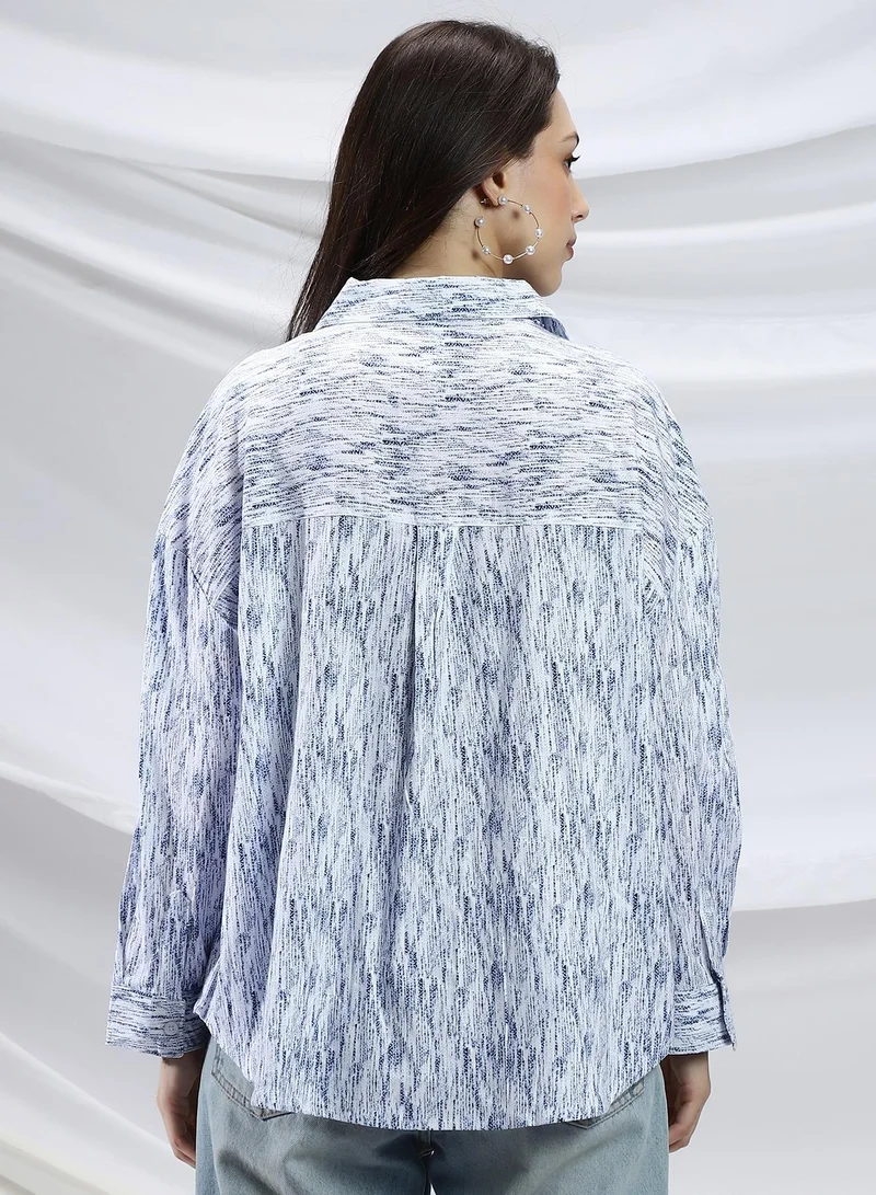 Campus Sutra Cream White & Navy Blue Women's Cream White & Navy Blue Contrast Grazed Relaxed Shirt for Women | Best Price UAE