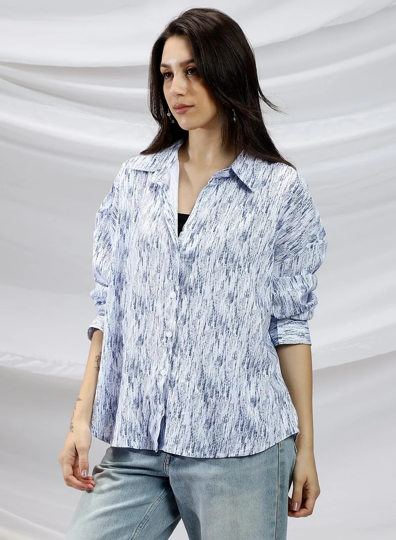 Campus Sutra Cream White & Navy Blue Women's Cream White & Navy Blue Contrast Grazed Relaxed Shirt for Women | Best Price UAE