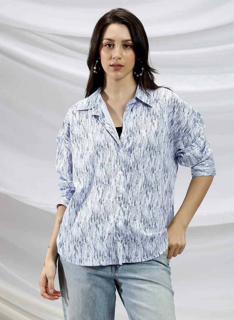 Campus Sutra Women's Cream White & Navy Blue Contrast Grazed Relaxed Shirt
