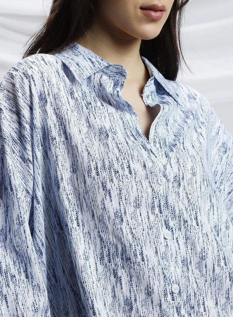 Campus Sutra Cream White & Navy Blue Women's Cream White & Navy Blue Contrast Grazed Relaxed Shirt for Women | Best Price UAE
