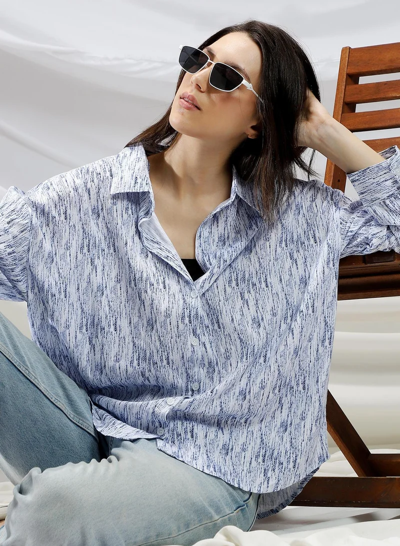 Campus Sutra Women's Cream White & Navy Blue Contrast Grazed Relaxed Shirt