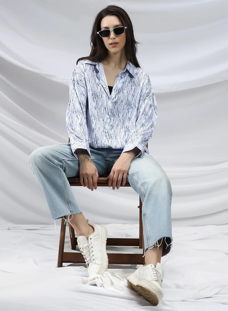 Campus Sutra Cream White & Navy Blue Women's Cream White & Navy Blue Contrast Grazed Relaxed Shirt for Women | Best Price UAE