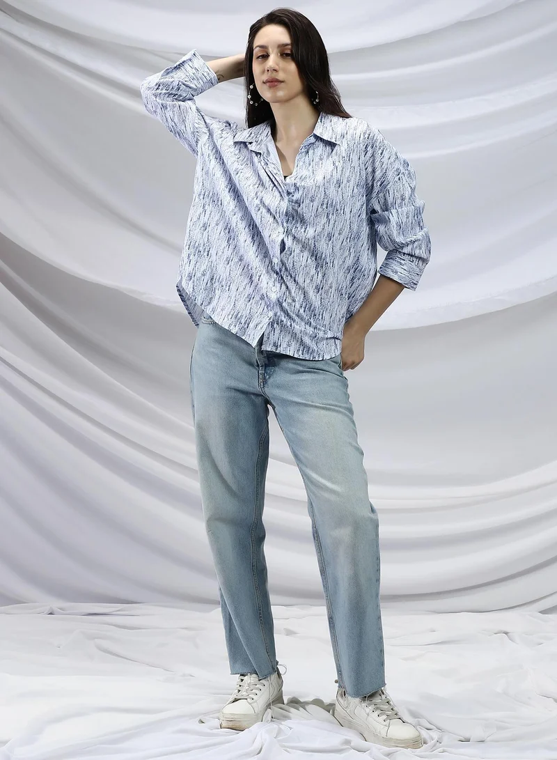 Campus Sutra Cream White & Navy Blue Women's Cream White & Navy Blue Contrast Grazed Relaxed Shirt for Women | Best Price UAE