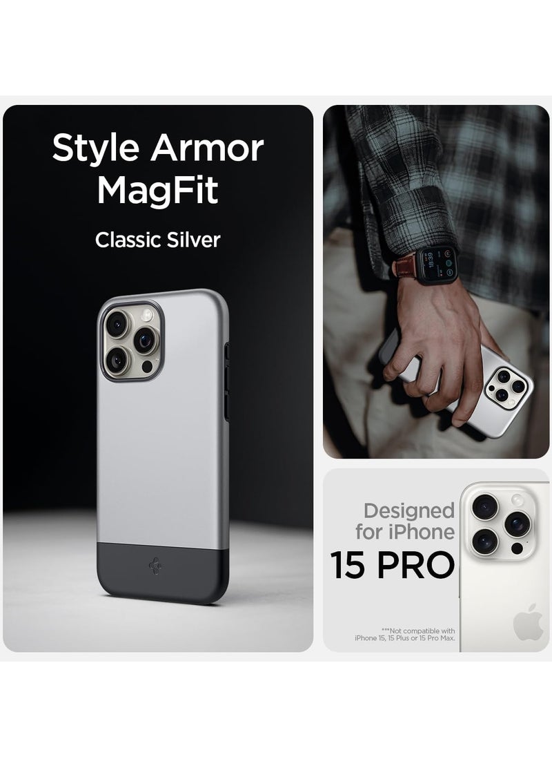 Spigen - Style Armor MagFit for iPhone 15 PRO Case Cover Magnetic MagSafe Compatible [Mil Grade Protection] - Classic Silver - Image 1