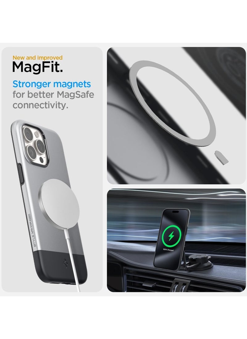 Spigen - Style Armor MagFit for iPhone 15 PRO Case Cover Magnetic MagSafe Compatible [Mil Grade Protection] - Classic Silver - Image 1