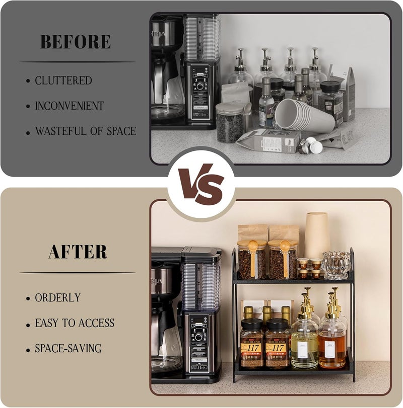 ANBOXIT 2-Tier Coffee Station Organizer, Wooden Kitchen Counter Shelf - Black - Image 4