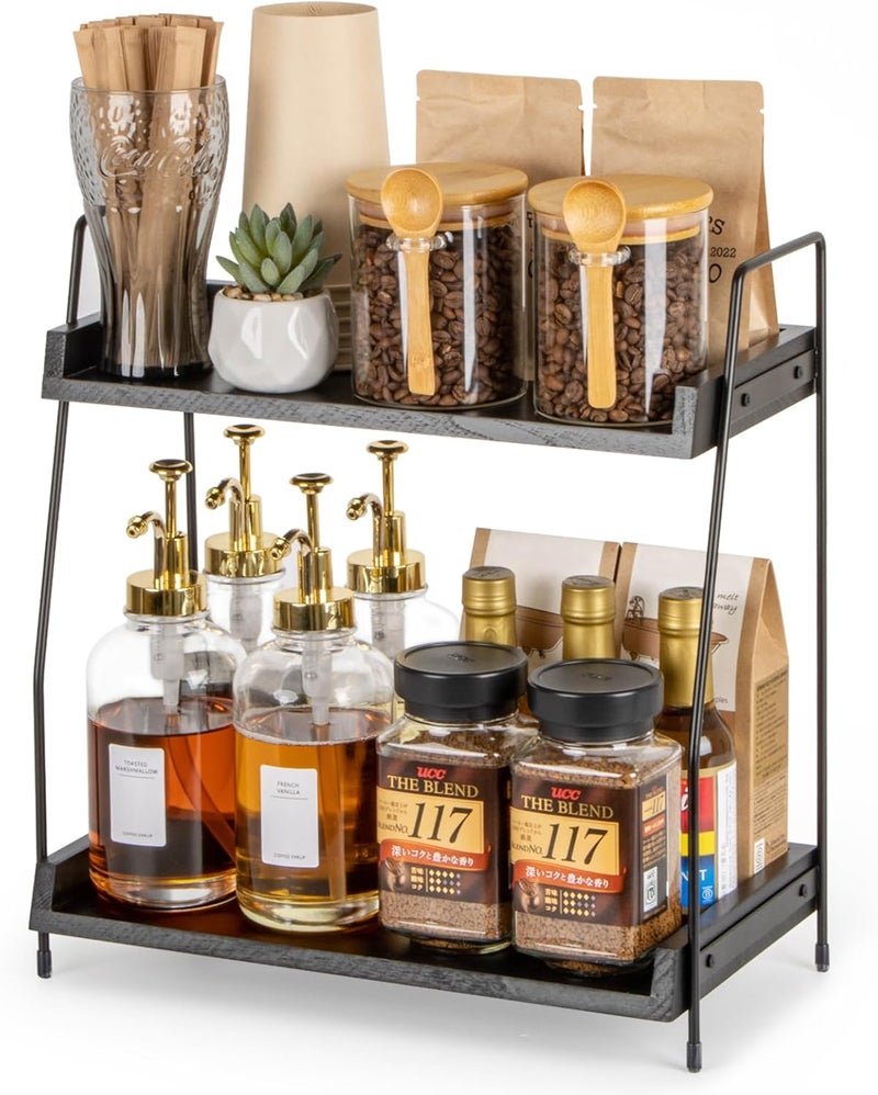 ANBOXIT 2-Tier Coffee Station Organizer, Wooden Kitchen Counter Shelf - Black - Image 1