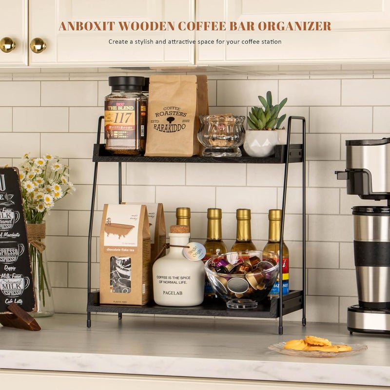 ANBOXIT 2-Tier Coffee Station Organizer, Wooden Kitchen Counter Shelf - Black - Image 2