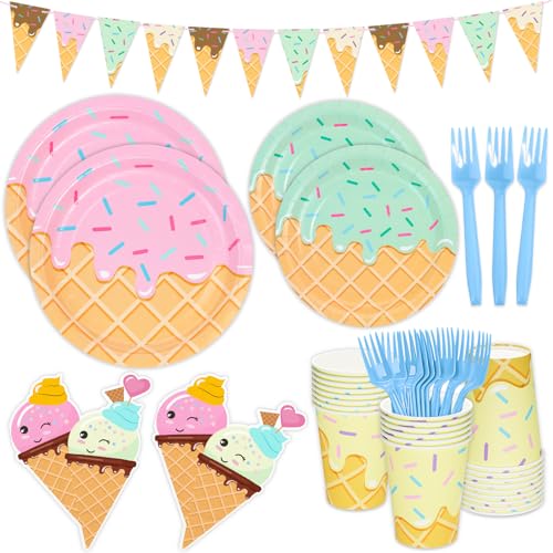 DYLIVeS 132 Pcs Ice Cream Birthday Party Supplies Ice Cream Disposable Tableware Set Party Table Decorations for Girl 9 and 7 Plates Napkins Cups Forks Banner Serves 24 - Image 1