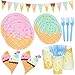 DYLIVeS 132 Pcs Ice Cream Birthday Party Supplies Ice Cream Disposable Tableware Set Party Table Decorations for Girl 9 and 7 Plates Napkins Cups Forks Banner Serves 24 - Image 3