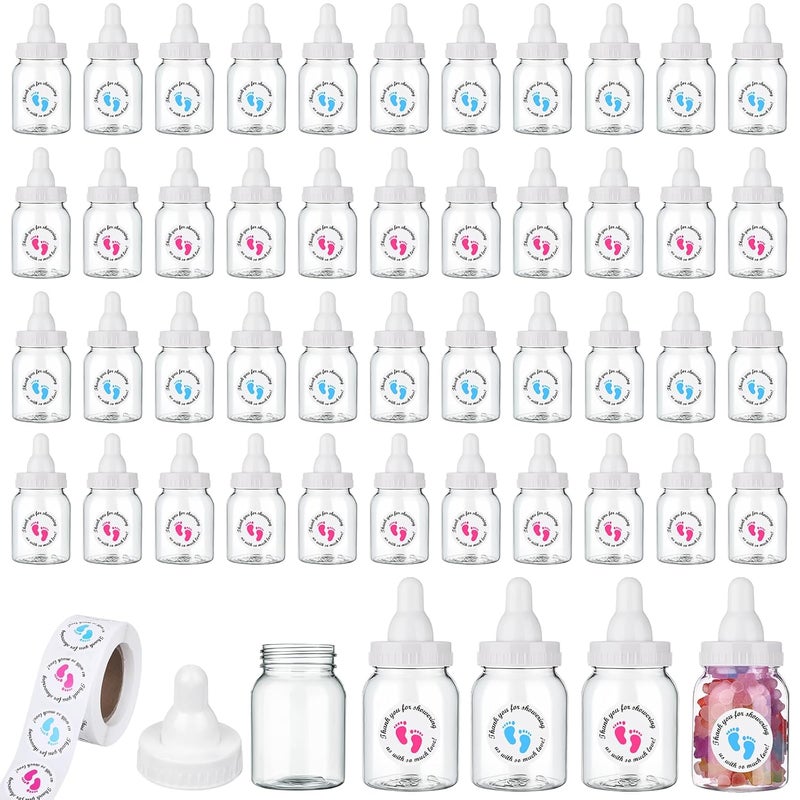 PINKXHY 62 Pcs 3.5 Inch Baby Mini Milk Bottle Baby Shower Favor with 500 Adhesive Thank You for Showering Stickers, Small Plastic Candy Bottle DIY Gift for Boy Girl Newborn Baptism Party Decor (White) - Image 1