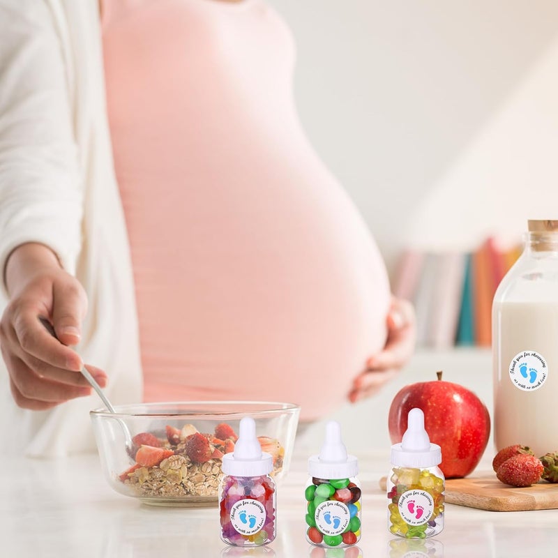 PINKXHY 62 Pcs 3.5 Inch Baby Mini Milk Bottle Baby Shower Favor with 500 Adhesive Thank You for Showering Stickers, Small Plastic Candy Bottle DIY Gift for Boy Girl Newborn Baptism Party Decor (White) - Image 5
