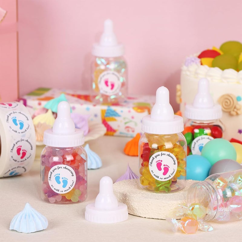 PINKXHY 62 Pcs 3.5 Inch Baby Mini Milk Bottle Baby Shower Favor with 500 Adhesive Thank You for Showering Stickers, Small Plastic Candy Bottle DIY Gift for Boy Girl Newborn Baptism Party Decor (White) - Image 2