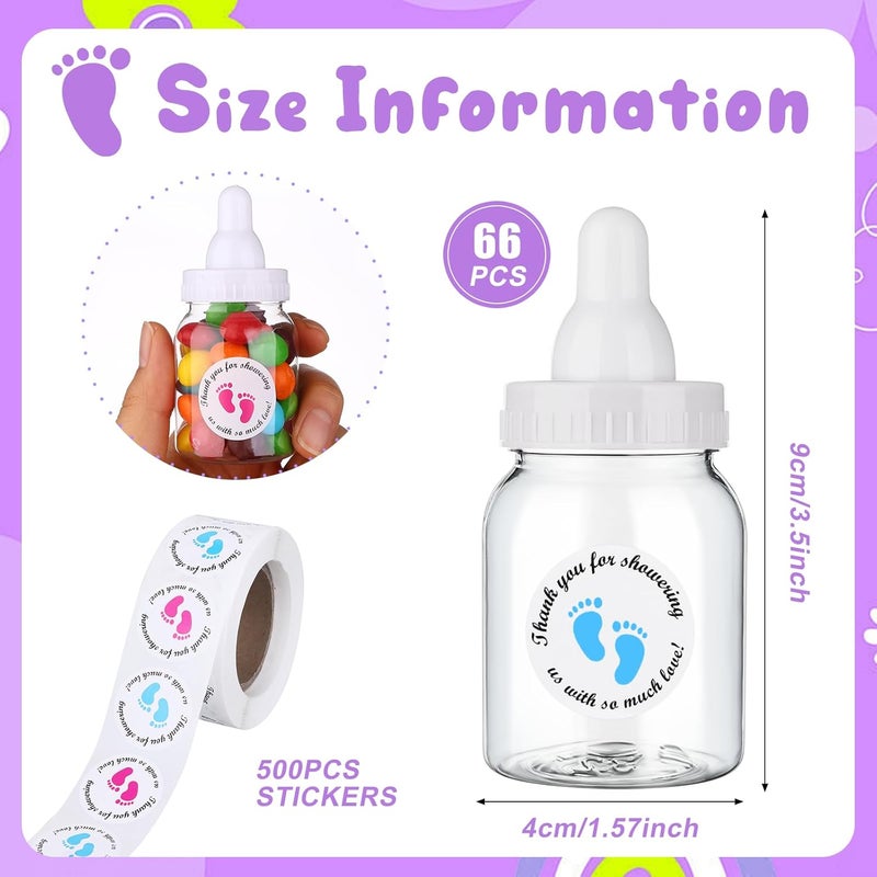 PINKXHY 62 Pcs 3.5 Inch Baby Mini Milk Bottle Baby Shower Favor with 500 Adhesive Thank You for Showering Stickers, Small Plastic Candy Bottle DIY Gift for Boy Girl Newborn Baptism Party Decor (White) - Image 3
