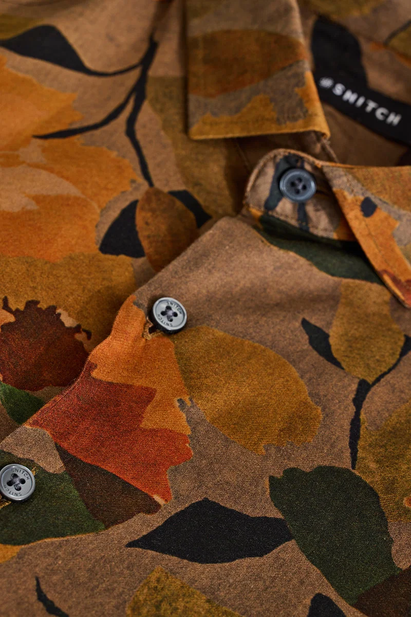 SNITCH Brown Abstract Slim Fit Shirt