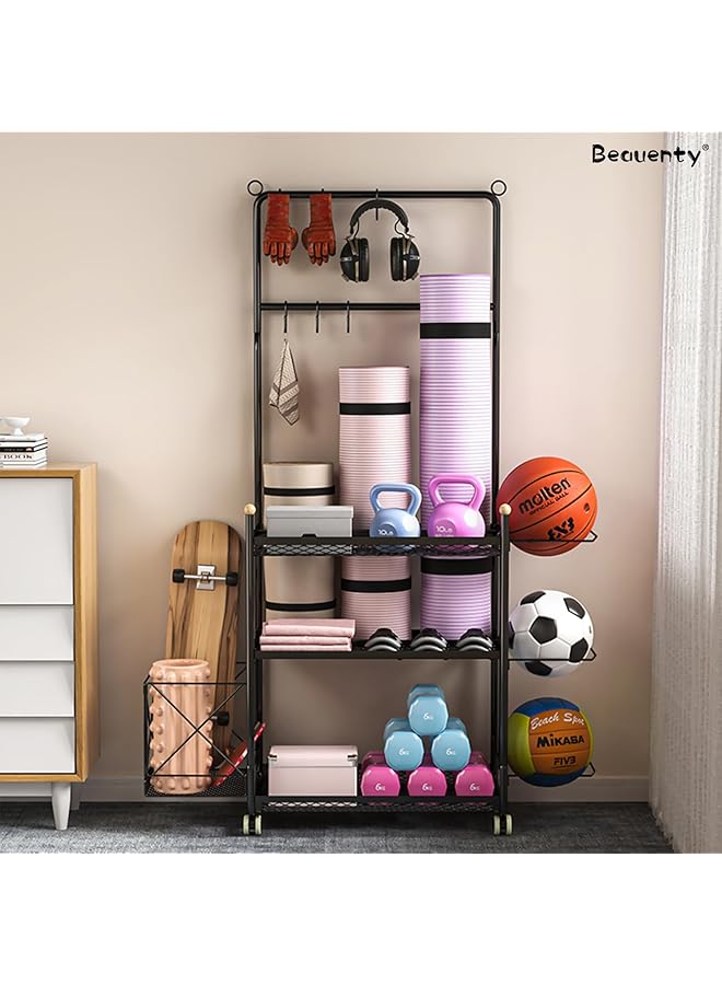 Beauenty Home Gym Storage Shelf with Storage Basket & Exercise Ball Rack Yoga Mat Storage Rack，Stable Sports Equipment Storage Organizer - Image 5