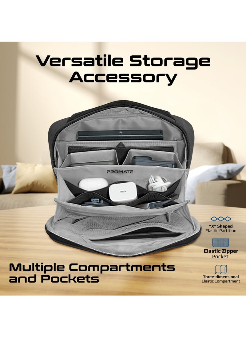 PROMATE - Promate’s Compact Multi-Pocket Accessory Pouch with Smartphone Compatibility, Convenient Key Loop, Dual Carry Handles, Leather Card Slot, and Water-Resistant Nylon Material – UrbanPouch Black - Image 1