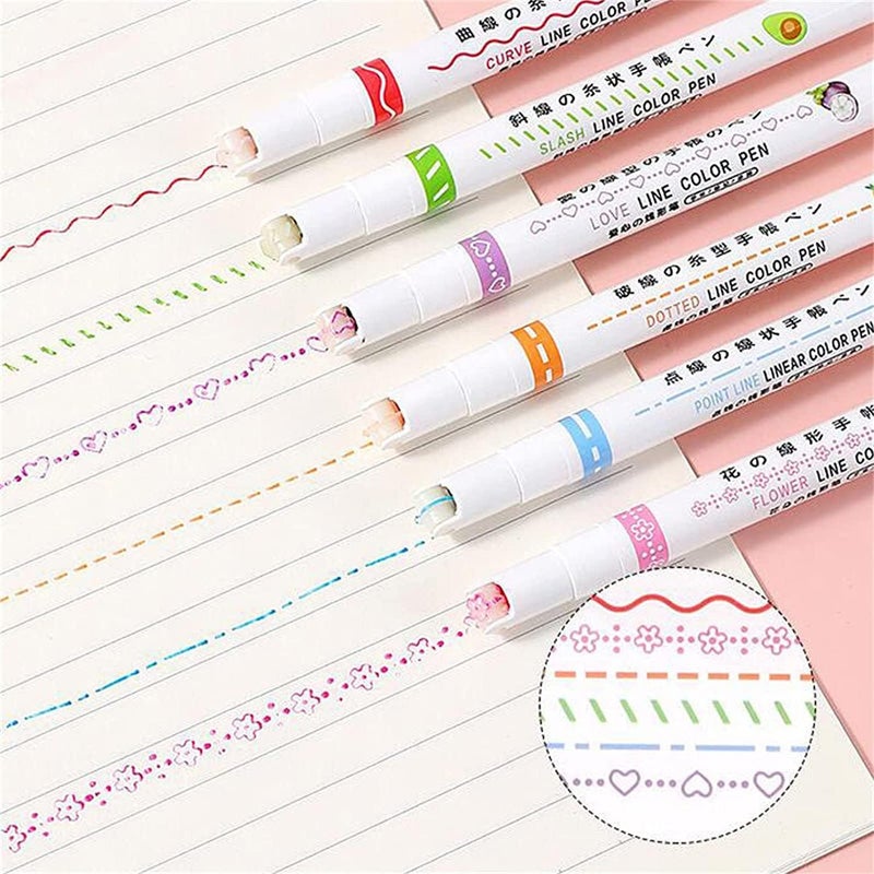 comfrt Curve Highlighter Pen Set - 6PCS Dual Tip Pens Different Curve Shapes Fine Tips - Heart/Flower/Curve/Dotted Line/Slash/Dot - Birthday Gift for Kids - Image 5