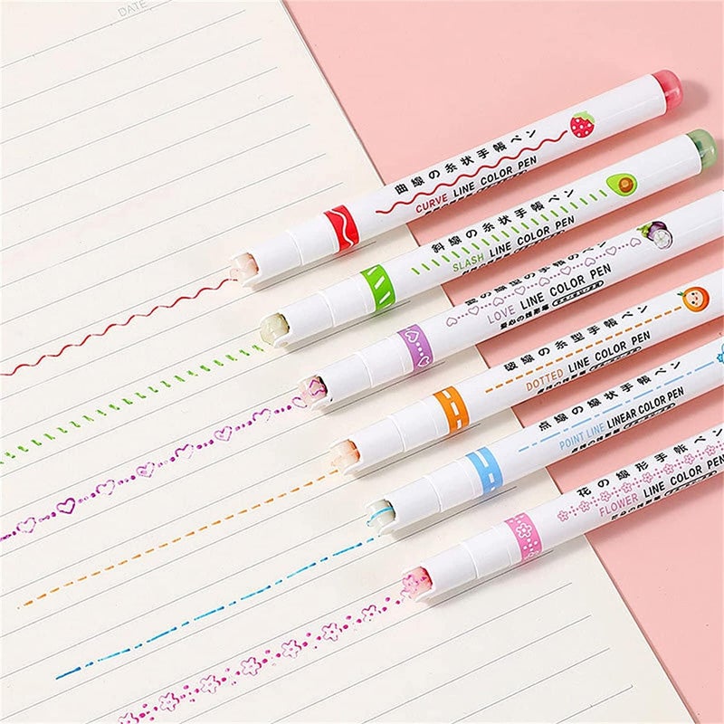comfrt Curve Highlighter Pen Set - 6PCS Dual Tip Pens Different Curve Shapes Fine Tips - Heart/Flower/Curve/Dotted Line/Slash/Dot - Birthday Gift for Kids - Image 2