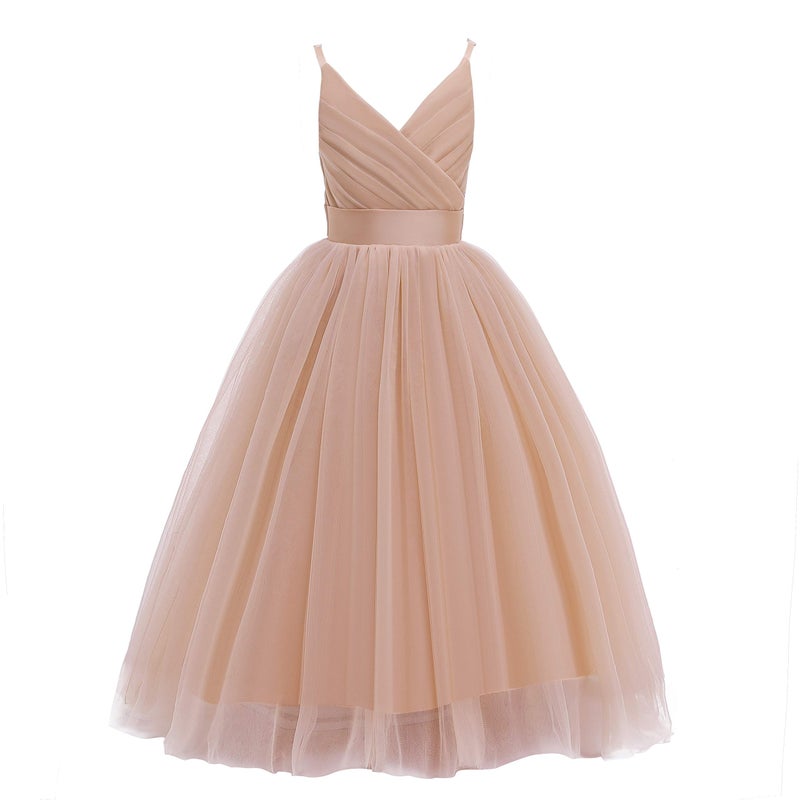 Glamulice Flower Girl Dress Kids Lace Spaghetti Strap Tulle Dresses Wedding Bridesmaid Pageant Party Dance Ball Gown Rose Gold Princess Kids Prom Gown Formal Holiday Golden Photo Shoot Evening,US 8Y - Image 1