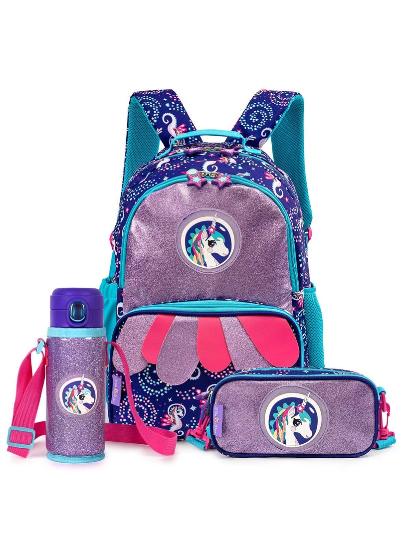 Milk & Moo Kids School Bundle - Backpack Thermal Water Bottle and Pencil Pouch, Ergonomic School Bag, 420ml Steel Water Bottle, Pencil Case with adjustable strap - Image 1