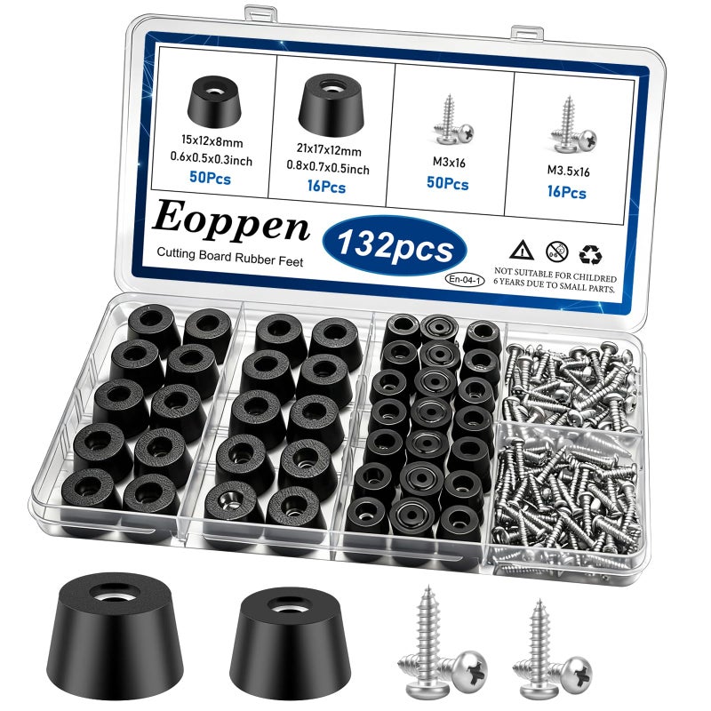 Eoppen 132Pcs Cutting Board Rubber Feet with Stainless Steel Washer and Screws Small and Large Size Non Slip Rubber Bumper Feet for Furniture, Electronics, Tables, Sofas - Image 1