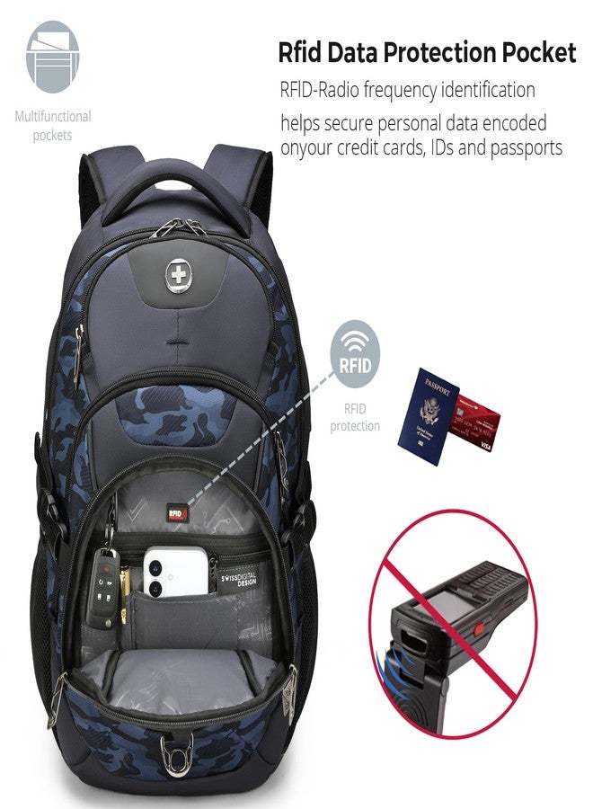 swissdigital Business Travel Laptop Backpack-for Man and Woman with Smart USB Charging Port Fits 15.6 inches laptops, Blue, Blue Camo, Standard, Travel - Image 3