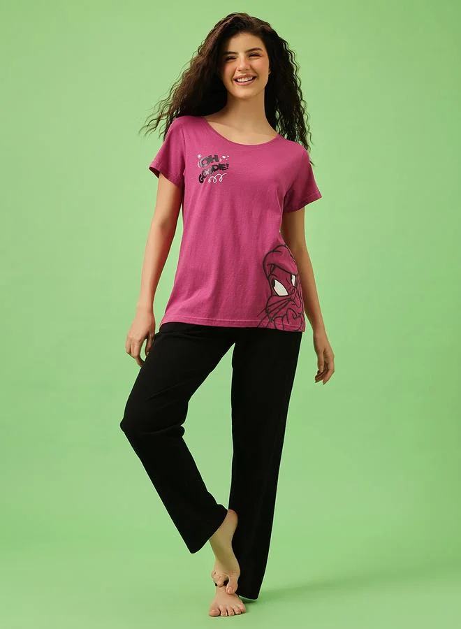 Clovia Pink Lola Bunny Print Cotton T-Shirt and Pyjama Set