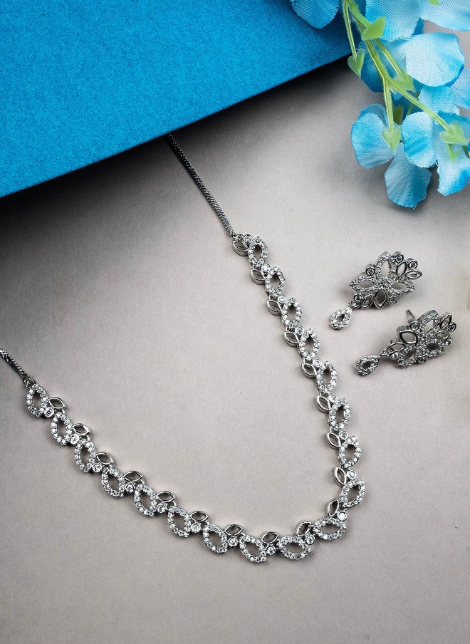 StileAdda Silver Plated American Diamond Studded Necklace and Earrings Set - Image 1