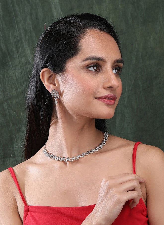 StileAdda Silver Plated American Diamond Studded Necklace and Earrings Set - Image 5